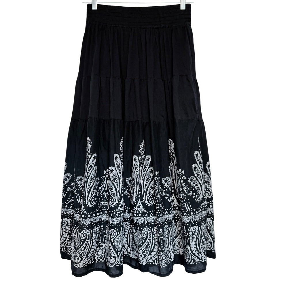 Jane Ashley Maxi Skirt Womens M Black White Paisley Cotton Elastic Waist Pull On